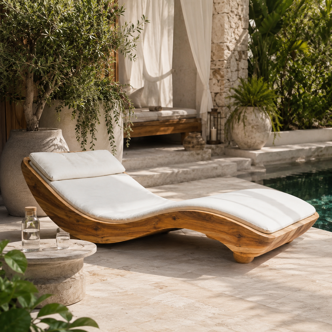 Curved Wood Chaise Lounge – Solid Wood Lounge Chair with Cushion for Living Room Decor
