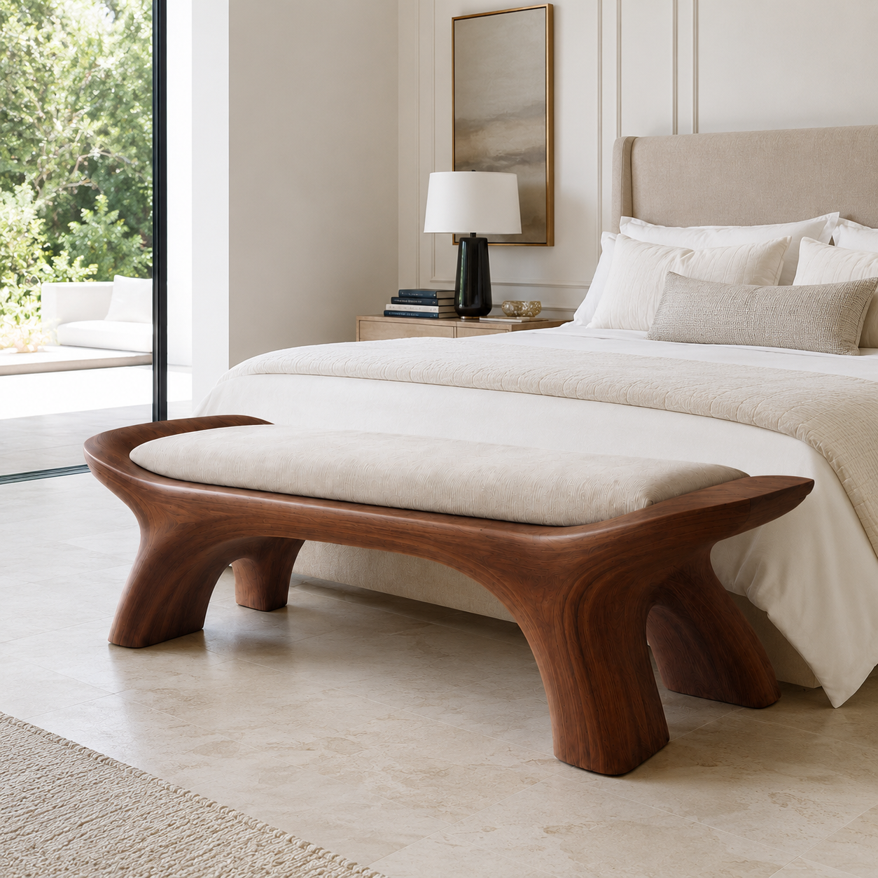 Sculptural Wood Bedroom Bench – Solid Wood End of Bed Bench with Cushion for Bedroom Decor