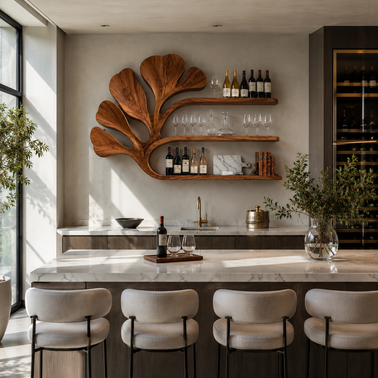 Ginkgo Leaf Wood Bar Shelf – Solid Wood Wall Mounted Wine Display Shelf for Kitchen Decor