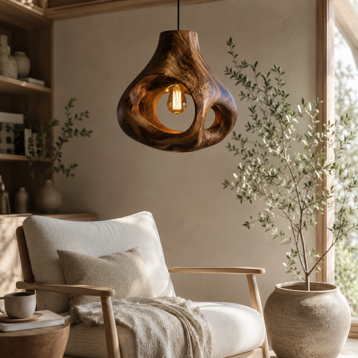 Sculptural Wood Pendant Light – Handcrafted Wooden Ceiling Lamp for Living Room Decor