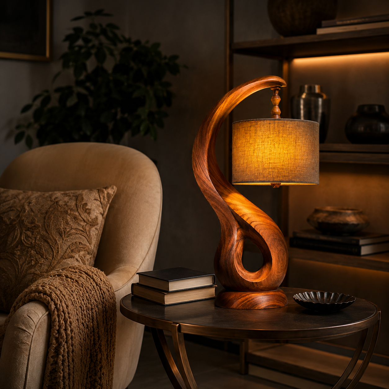 Sculptural Wood Table Lamp – Solid Wood Bedside Lamp for Living Room Decor