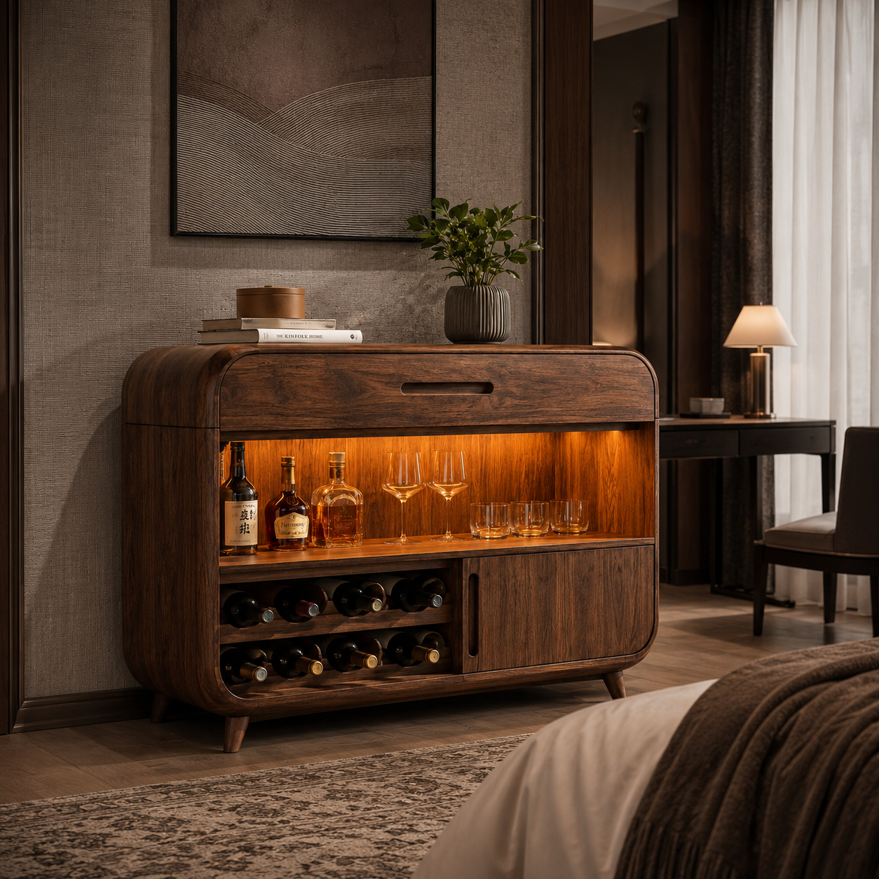 Rounded Wood Bar Cabinet – Solid Wood Wine Storage Cabinet for Living Room Decor