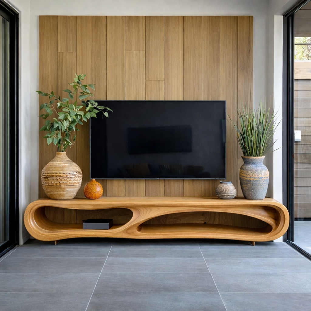 Solid Wood Continuous Wave Media Console – Statement TV Stand
