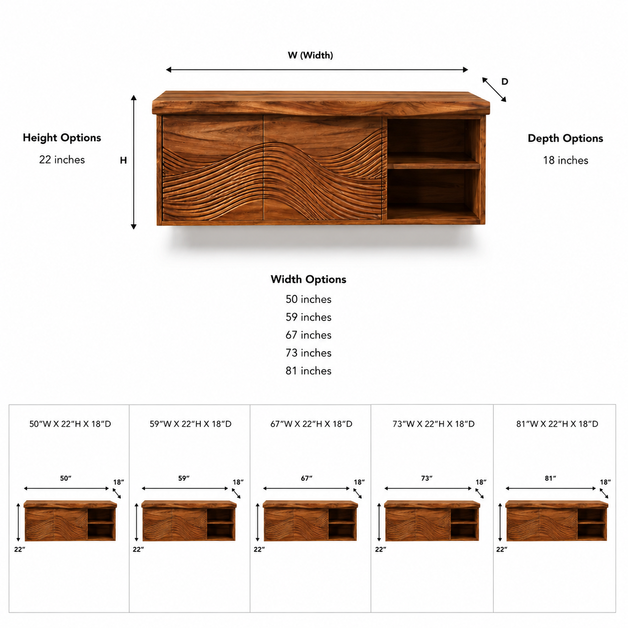 Wave Carved Wood Bathroom Vanity – Solid Wood Floating Sink Cabinet with Open Storage for Bathroom Decor