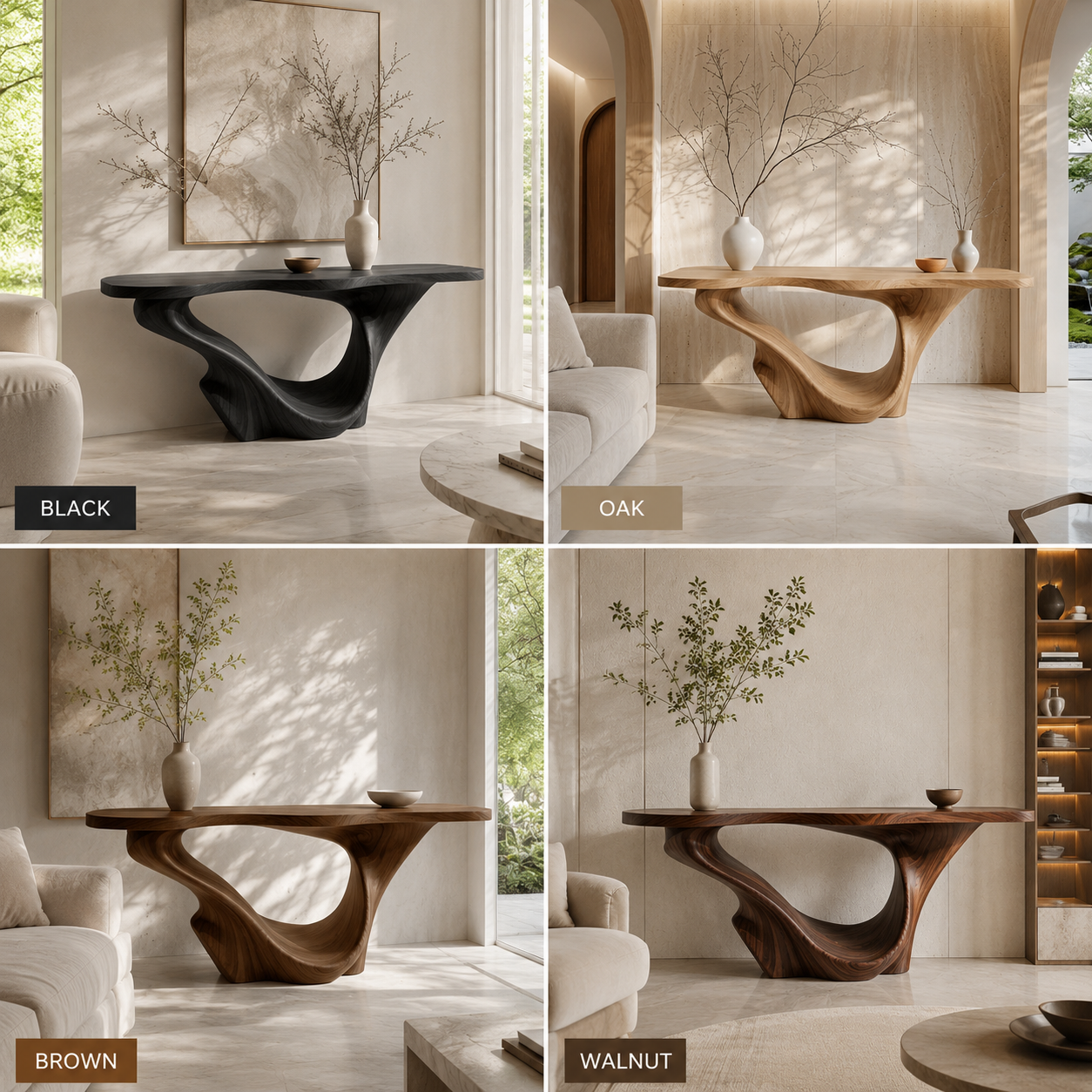 Sculptural Console Table – Solid Wood Entryway Table with Curved Base