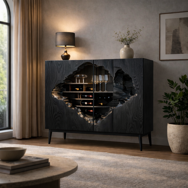 Geometric Wine Cabinet – Solid Wood Storage Cabinet for Living or Dining Room Main Image
