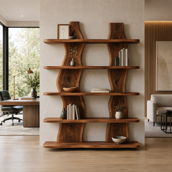 Wave Wood Bookshelf – Solid Wood Display Shelf for Living Room Decor Main Image