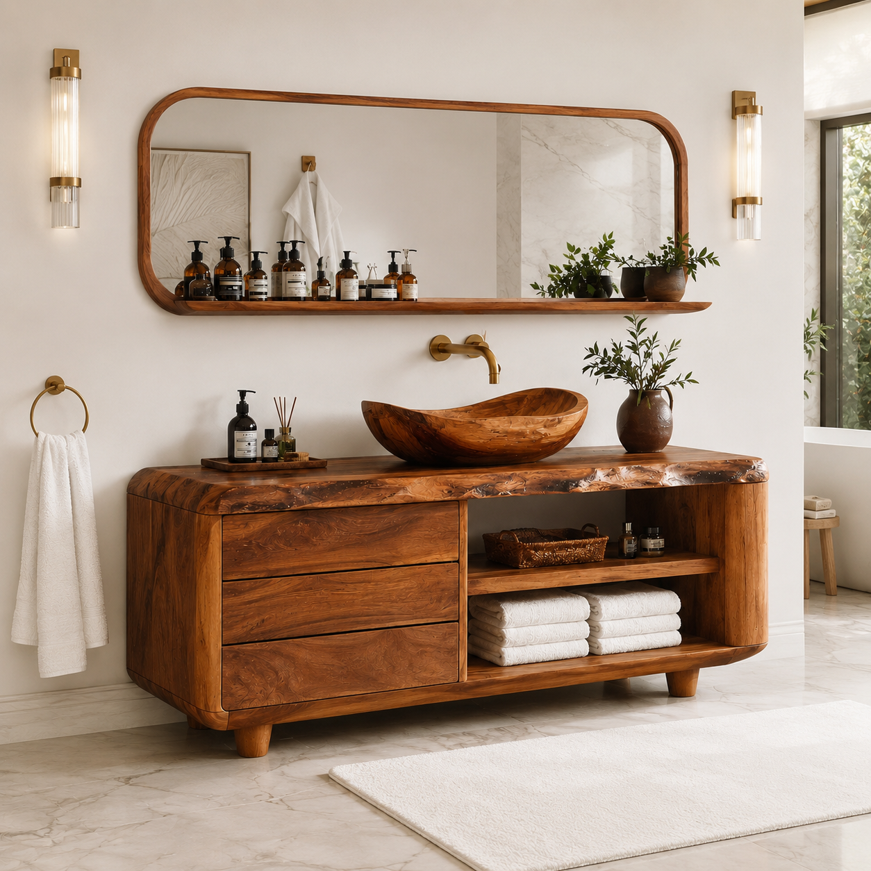 Live Edge Wood Bathroom Vanity – Solid Wood Sink Cabinet with Mirror Shelf for Bathroom Decor