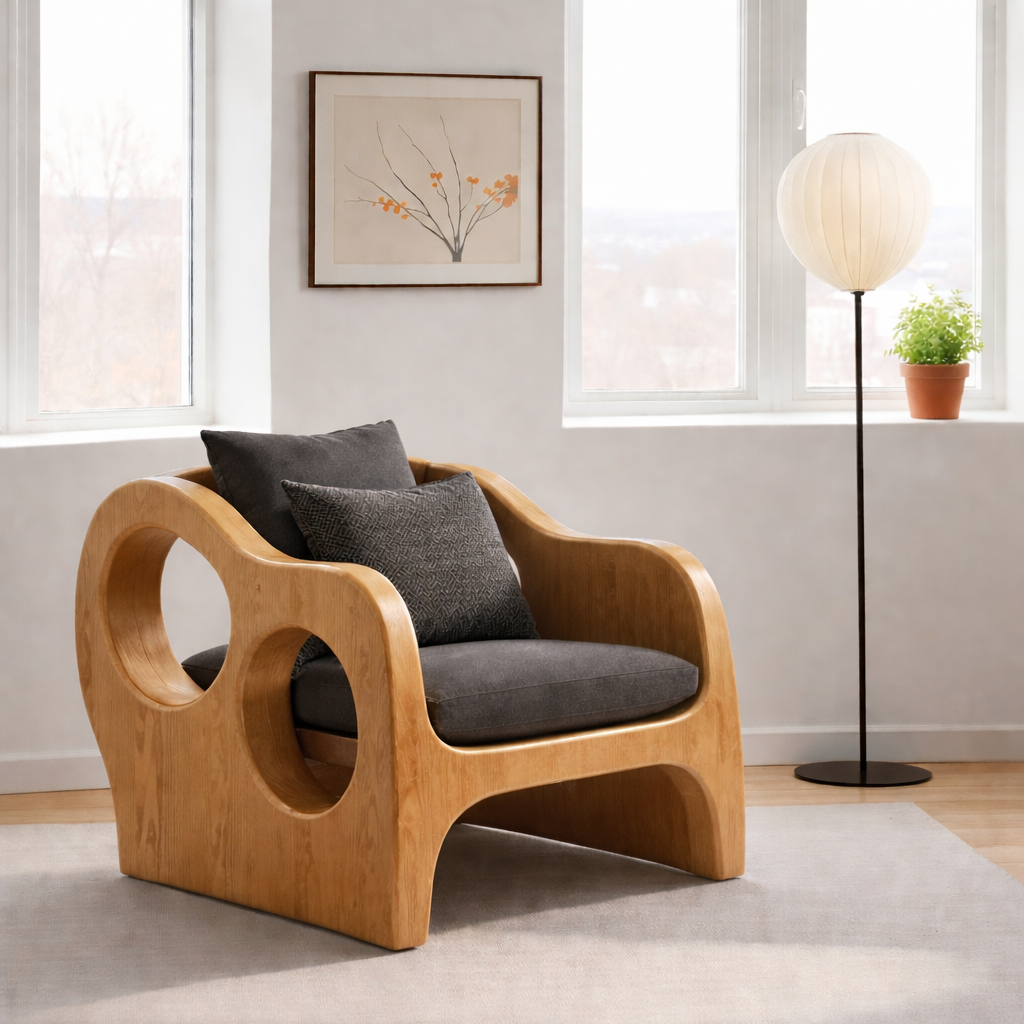 Solid Wood Sculptural Lounge Chair with Circular Arms – Statement Accent Seating