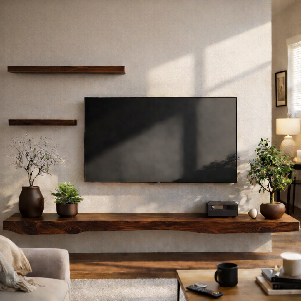 Live Edge Floating Stand – Solid Wood Wall-Mounted Console for Living Room Deco
