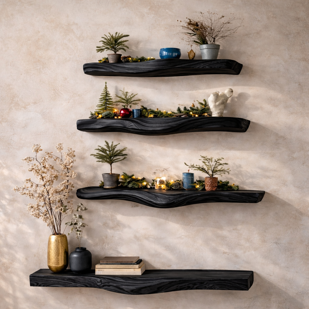 Solid Wood Live Edge Floating Shelves – Natural Rustic Storage