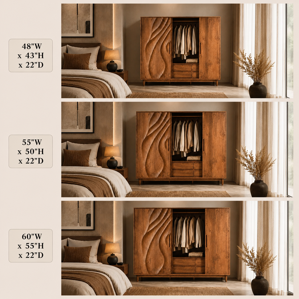 Carved Wood Wardrobe – Solid Wood Sliding Closet Cabinet for Bedroom Decor