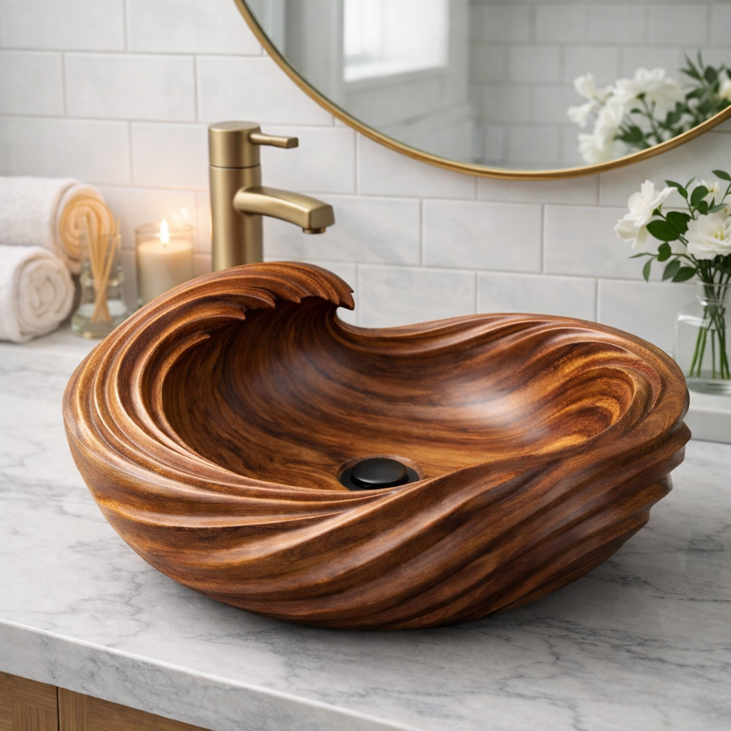 Sculptural Hand-Carved Solid Wood Vessel Sink – Wave Design Bathroom Basin