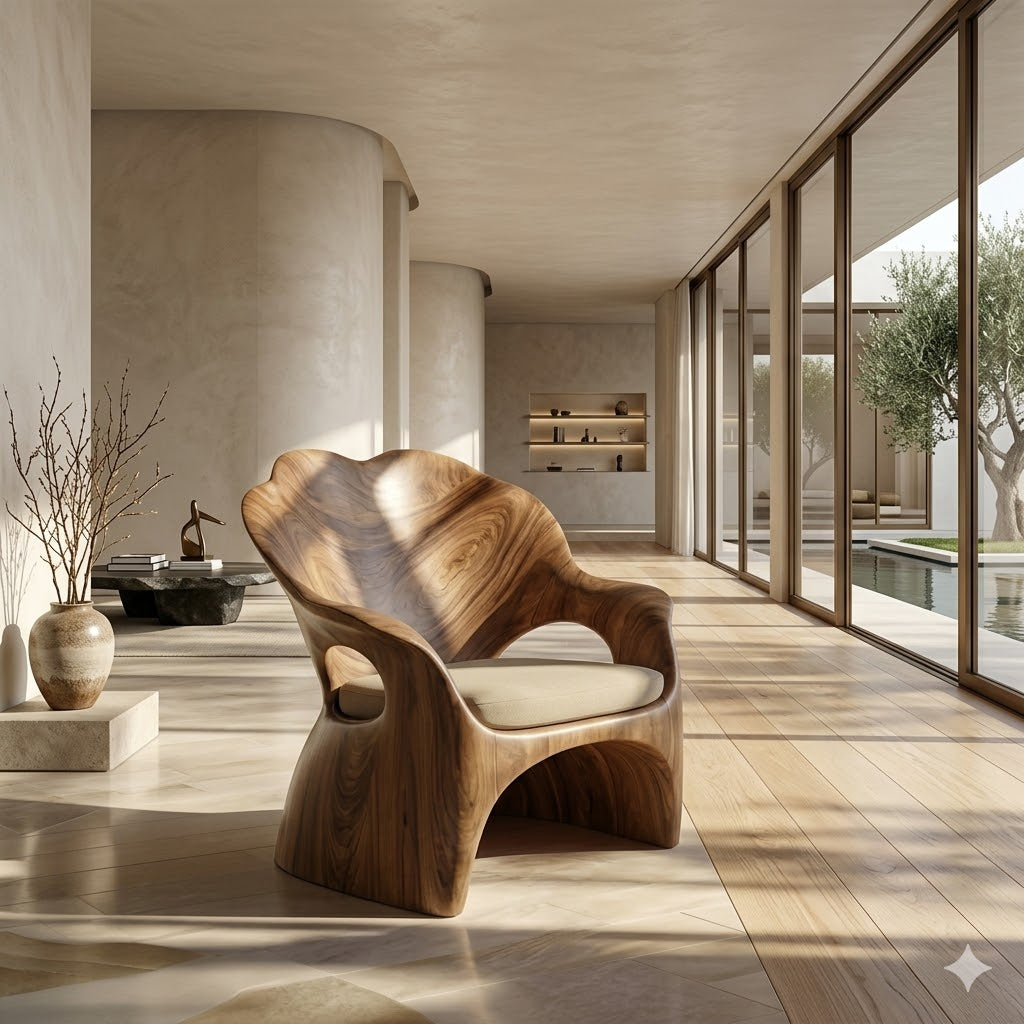 Sculptural Lounge Chair – Solid Wood Accent Chair with Cushioned Seat