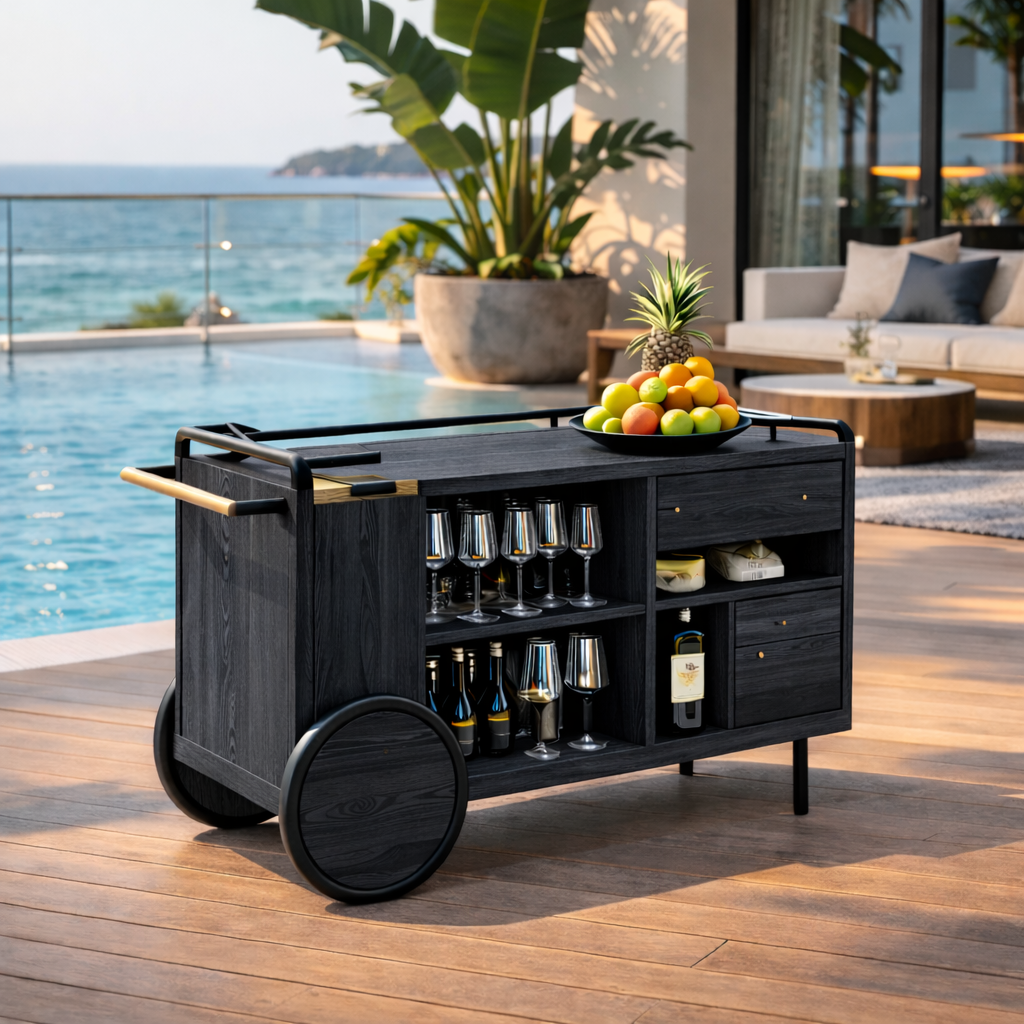 Outdoor Bar Cart – Rustic Solid Wood Cart with Wheels and Wine Storage