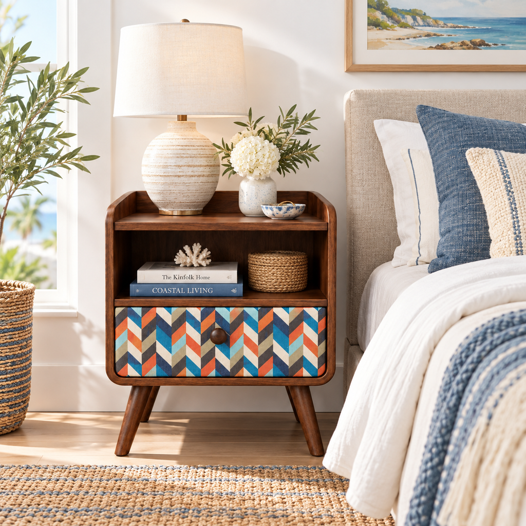 Mid-Century Walnut Nightstand with Geometric Drawer