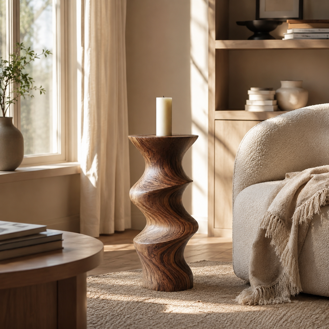 Twisted Wood Candle Holder – Solid Wood Sculptural Candle Stand for Living Room Decor