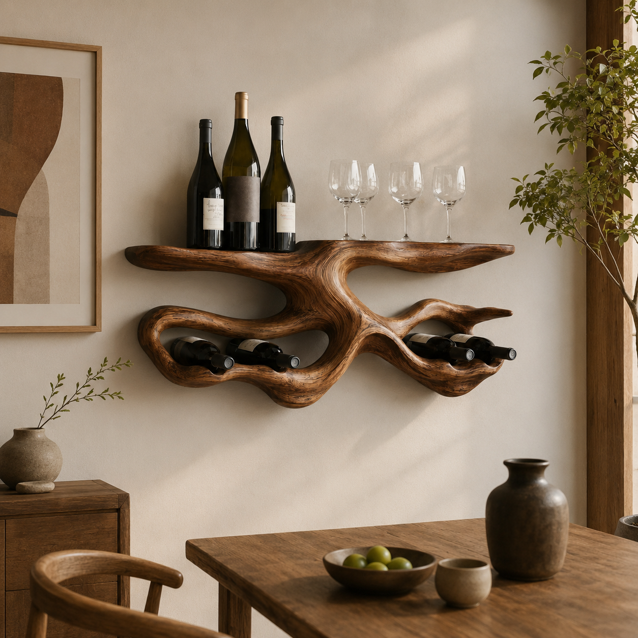 Branch Wood Wall Wine Rack – Solid Wood Bottle and Glass Display Shelf for Kitchen Decor