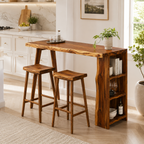 Live Edge Wood Bar Table Set – Solid Wood Kitchen Bar Counter with Storage and Stools