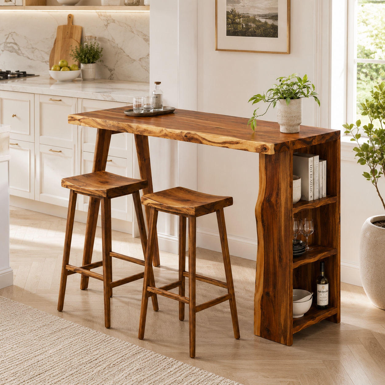 Live Edge Wood Bar Table Set – Solid Wood Kitchen Bar Counter with Storage and Stools