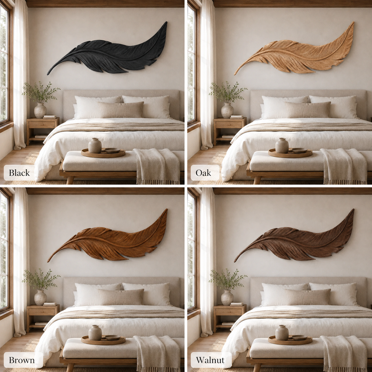Feather Wood Wall Art – Solid Wood Carved Wall Decor for Bedroom Decor