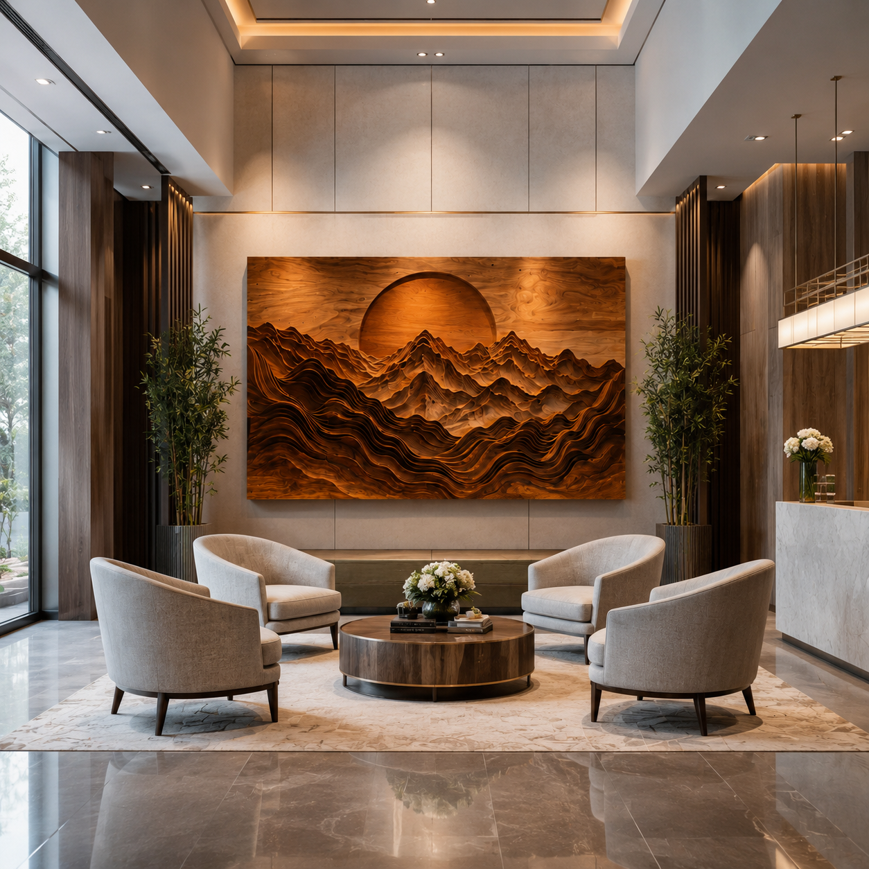 Mountain Wood Wall Art – Solid Wood Carved Landscape Wall Decor for Living Room Decor