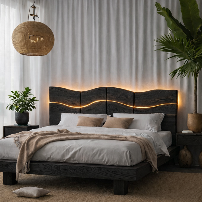 Live Edge Bed Frame – Solid Wood Bed with LED Headboard Main Image