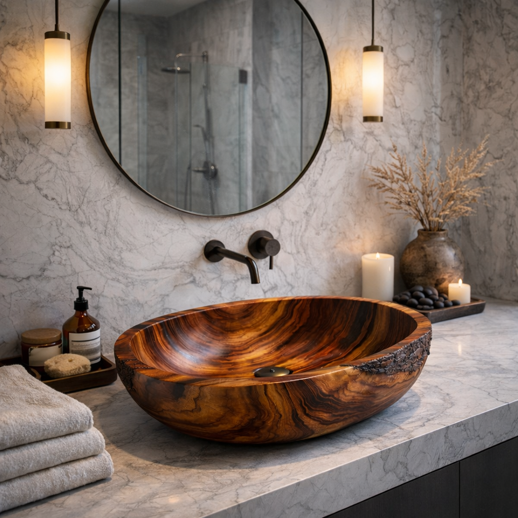 Vessel Sink – Handcrafted Solid Wood Sink for Luxury Spa Bathroom