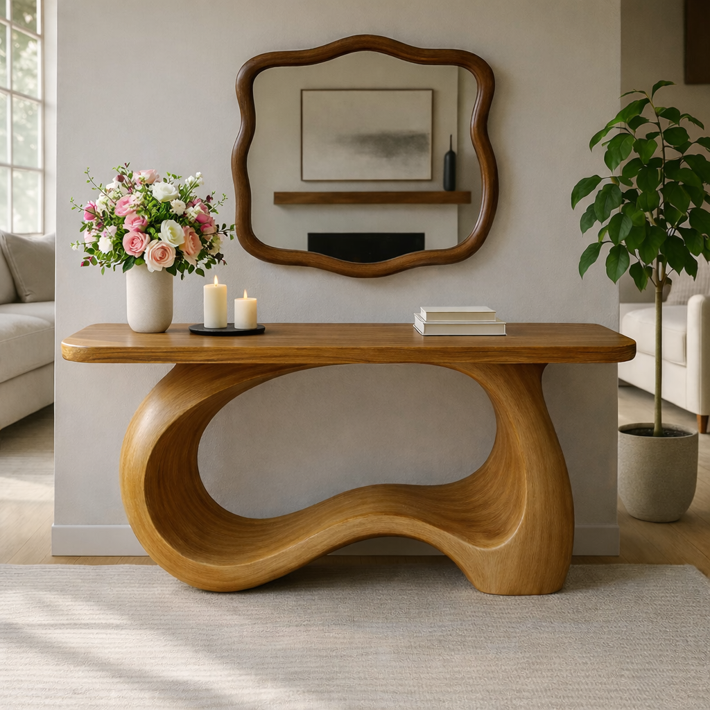 Sculptural Wave Wood Console Table – Handcrafted Curved Design