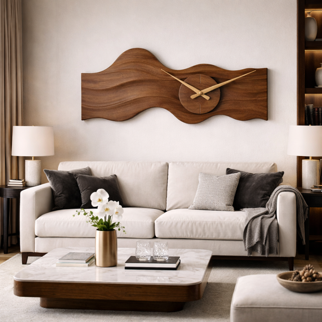 Organic Wall Clock – Sculptural Wooden Clock with Brass Hands Hover Image