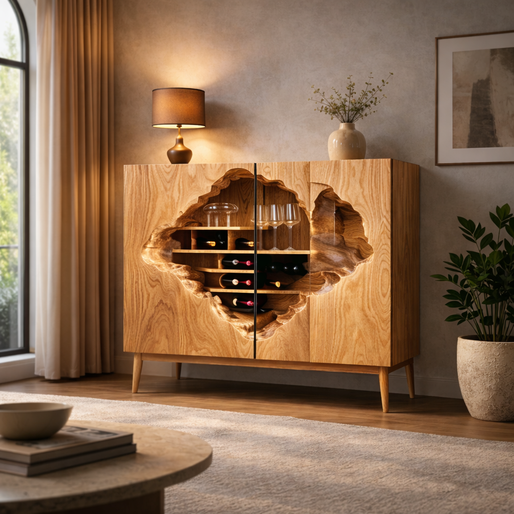 Geometric Wine Cabinet – Solid Wood Storage Cabinet for Living or Dining Room
