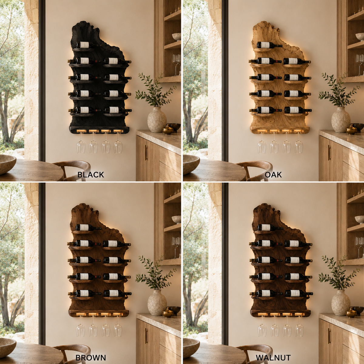 Wall-Mounted Wine Rack – Solid Wood Bottle Holder with Glass Storage