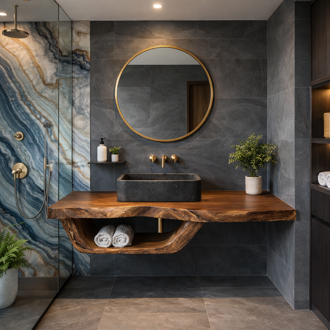 Natural Wood Bathroom Vanity with Round Mirror – Wall-Mount Shelf Set Hover Image