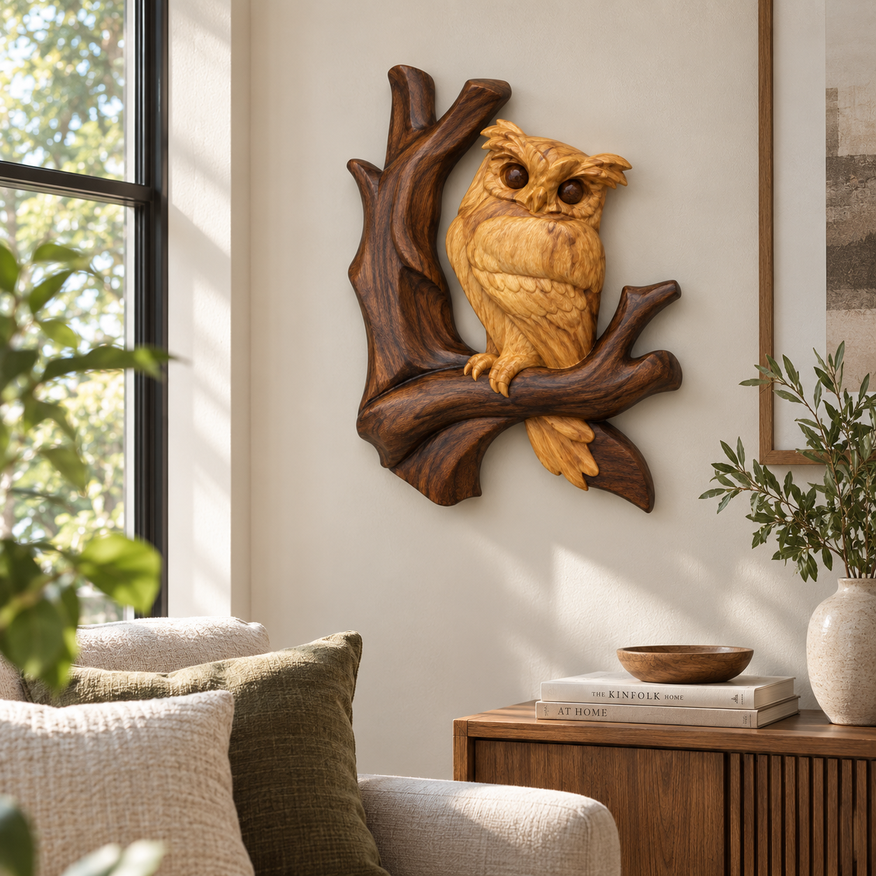 Carved Owl on Branch Wood Wall Art