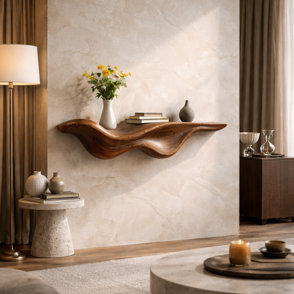 Curved Floating Shelf – Sculptural Solid Wood Wall Shelf for Living Room