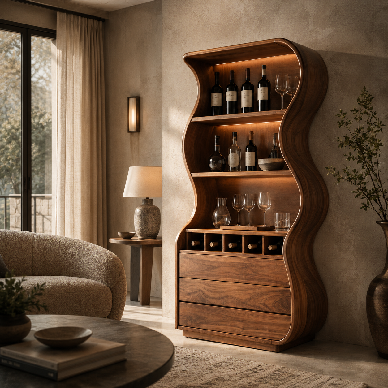 Wine Cabinet – Solid Wood Storage Cabinet with Curved Design