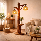 Tree Trunk Floor Lamp – Rustic Wood Standing Light with Hanging Bulbs for Living Room Decor