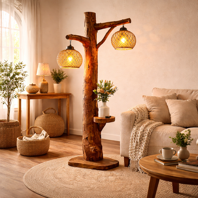 Tree Trunk Floor Lamp – Rustic Wood Standing Light with Hanging Bulbs for Living Room Decor Main Image