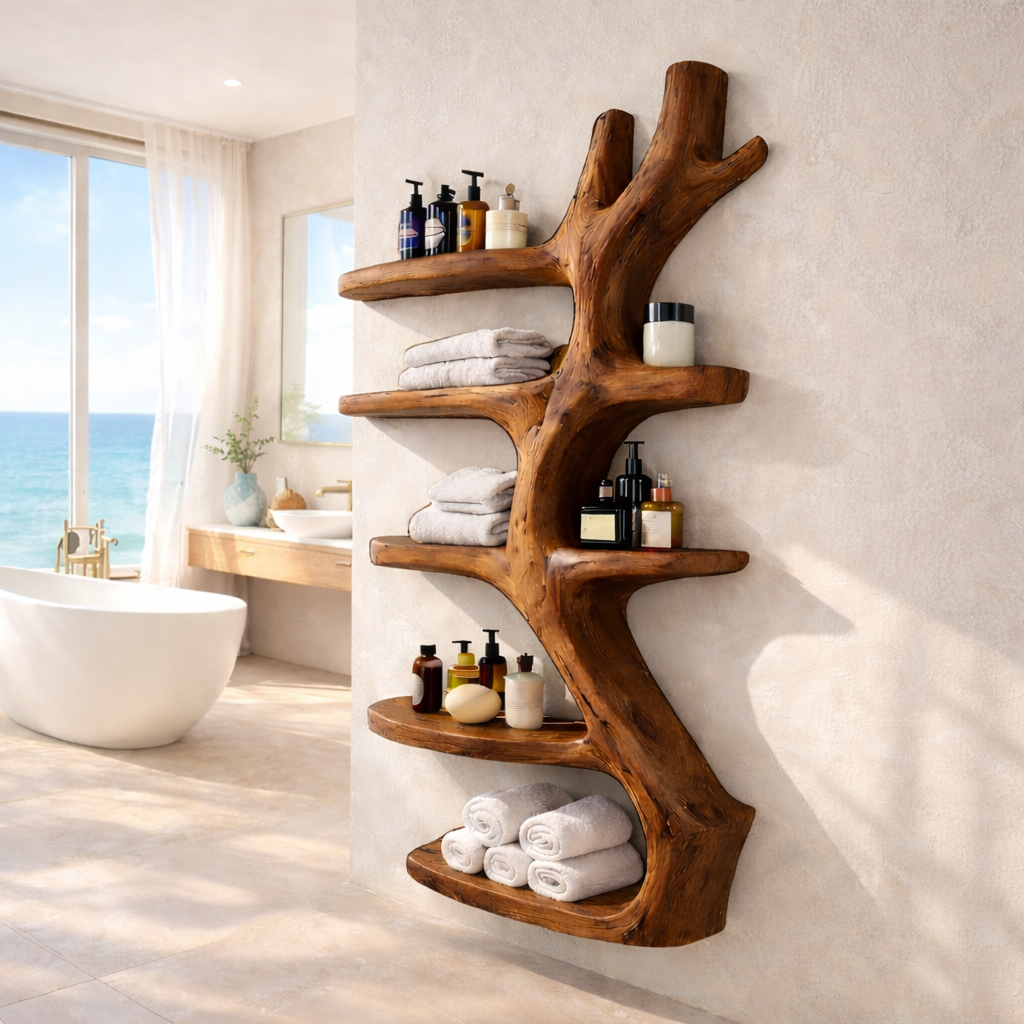 Sculptural Bathroom Shelf – Solid Wood Towel Shelf for Bathroom Decor