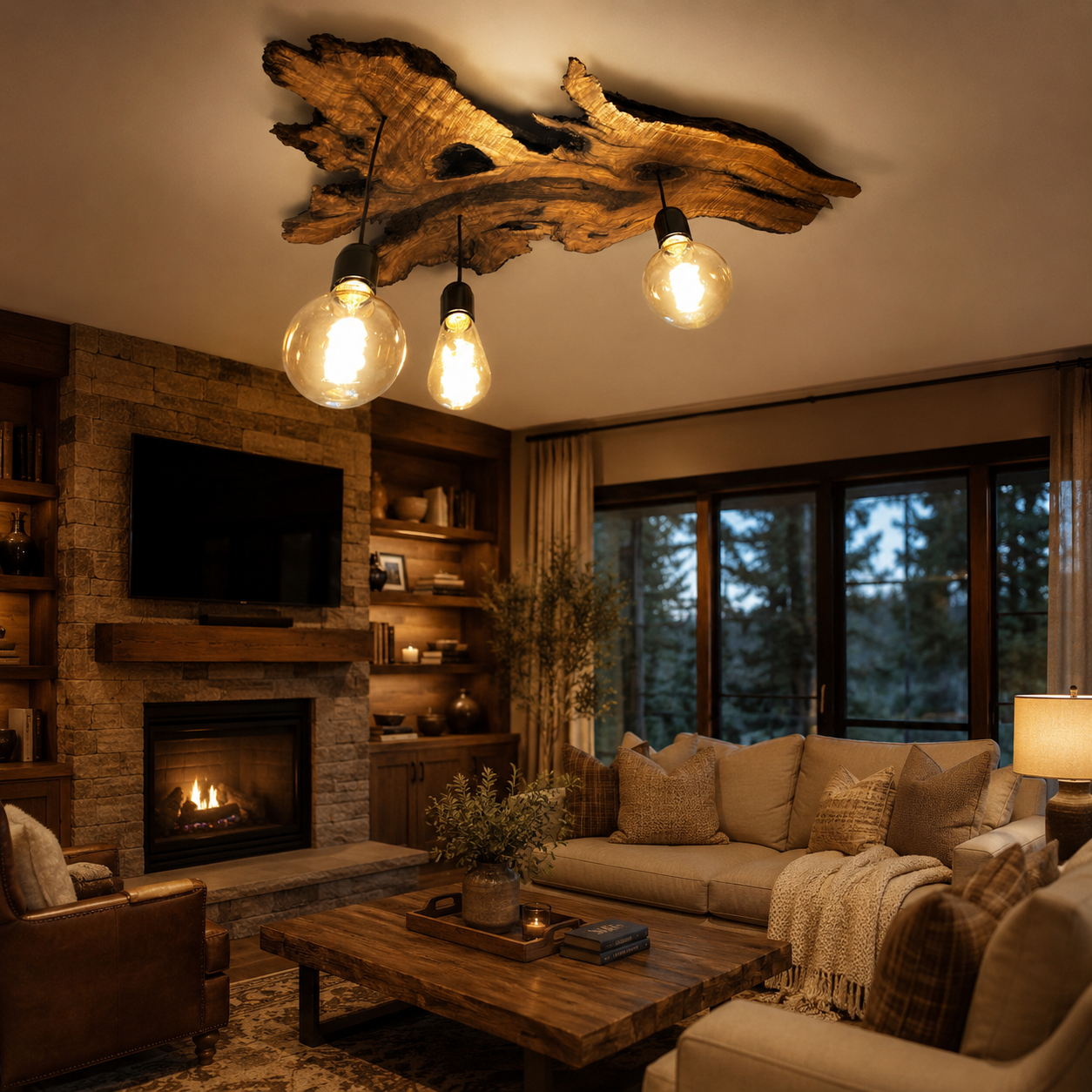 Live Edge Ceiling Light – Solid Wood Pendant Lamp with Hanging Bulbs