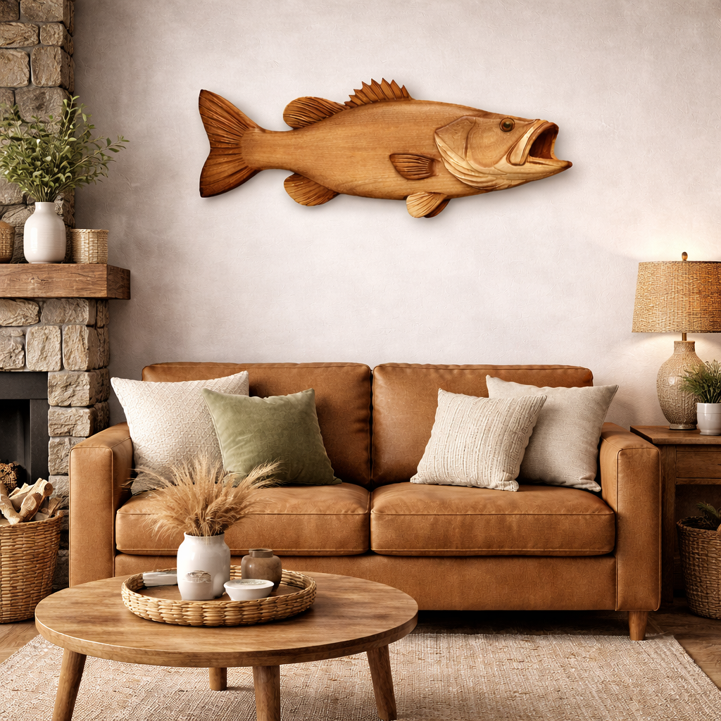 Largemouth Bass Wall Art – Solid Wood Decorative Panel for Fishing Cabin Decor