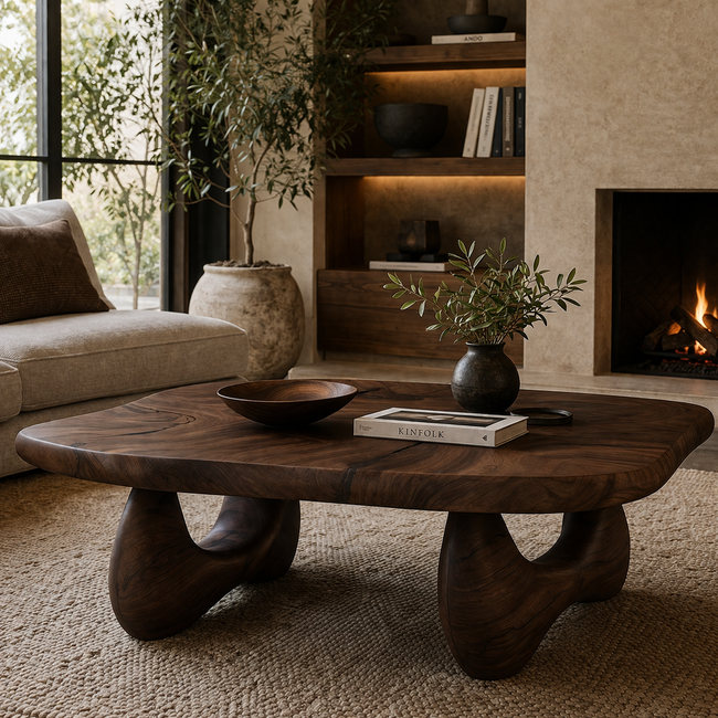 Rounded Coffee Table – Solid Wood Modern Table for Living Room Decor Hover Image