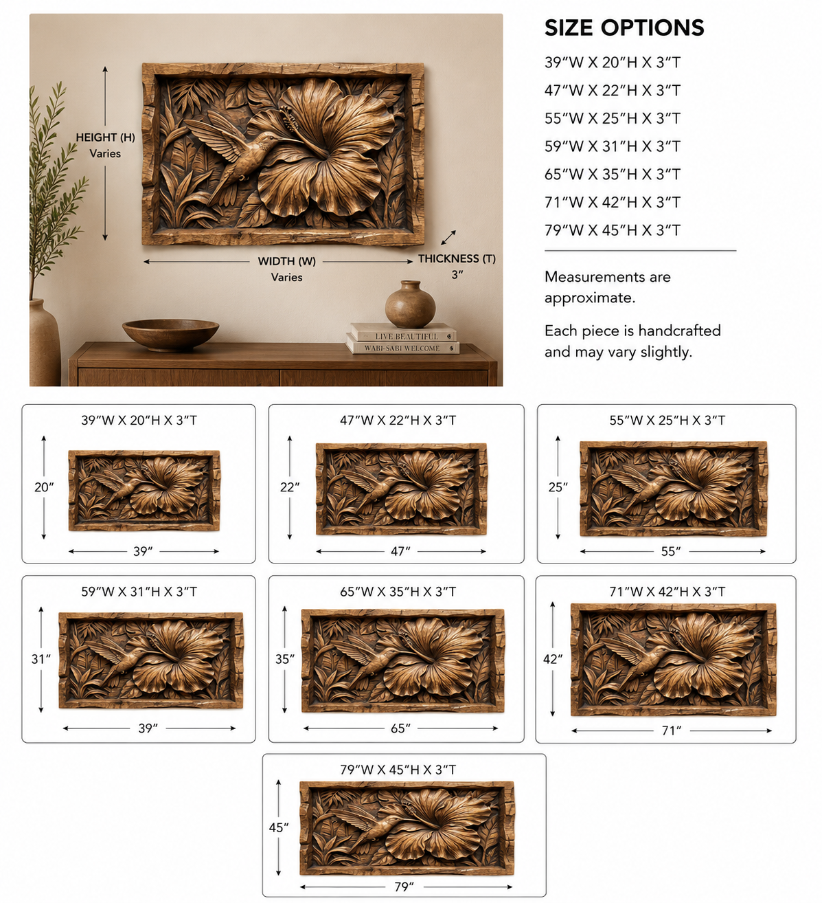 Hummingbird Flower Wood Wall Art – Solid Wood 3D Relief Carving for Home Decor