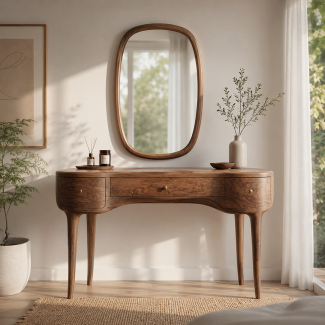 Makeup Vanity Table – Solid Wood Vanity with Oval Mirror Main Image