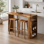 Live Edge Wood Bar Table Set – Solid Wood Home Bar Counter with Storage Shelves and Stools