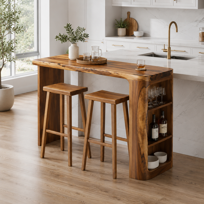Live Edge Wood Bar Table Set – Solid Wood Home Bar Counter with Storage Shelves and Stools Main Image