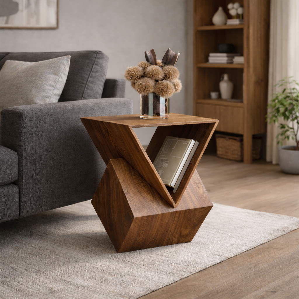 Geometric Sculptural Wooden Side Table – Modern Accent Furniture