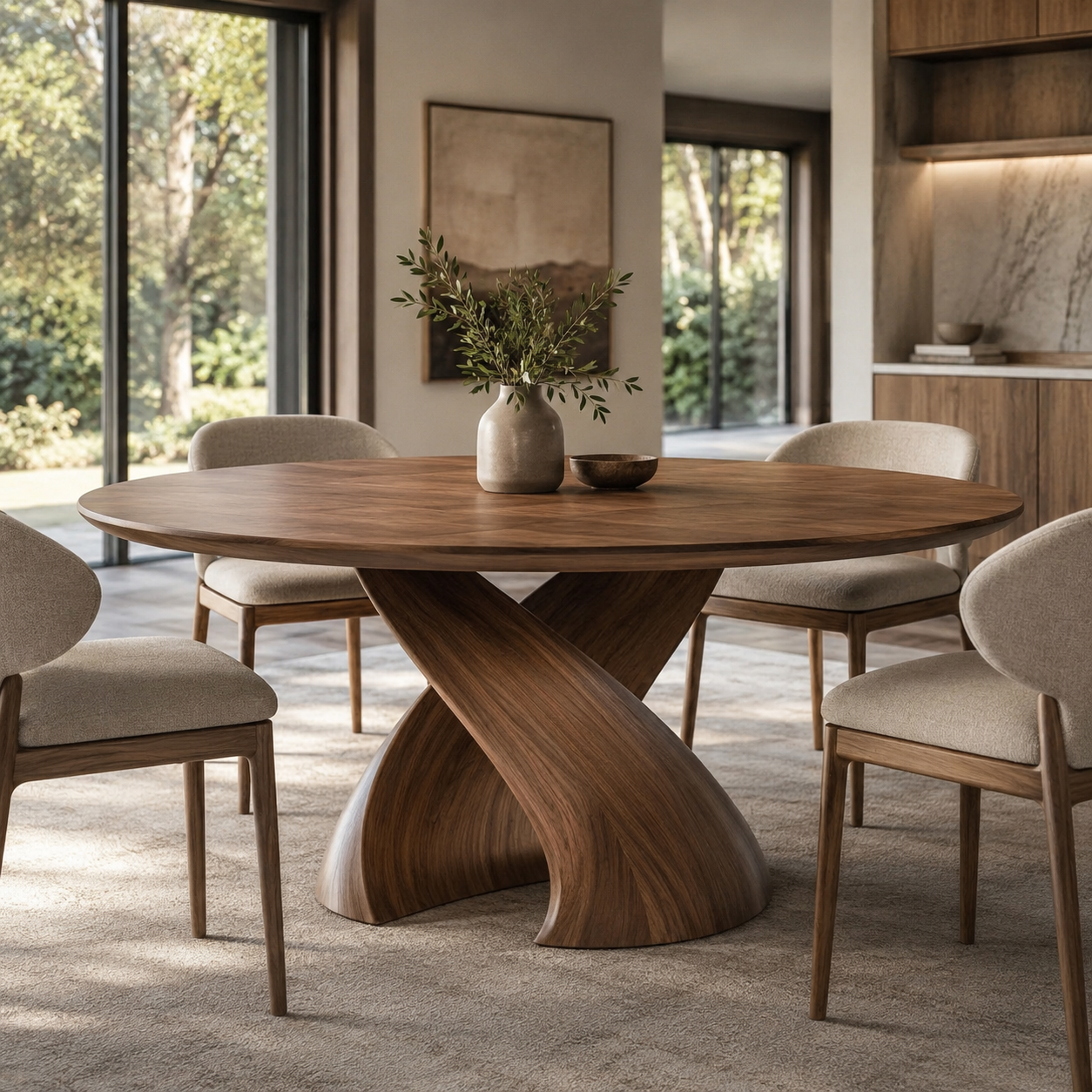 Round Dining Table – Solid Wood Table with Sculptural Base