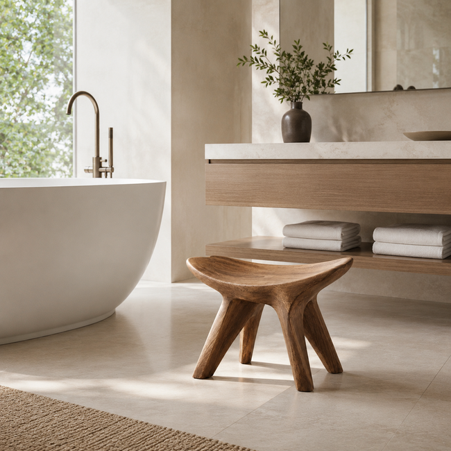 Saddle Wood Bathroom Stool – Solid Wood Low Accent Seat for Spa Decor Hover Image
