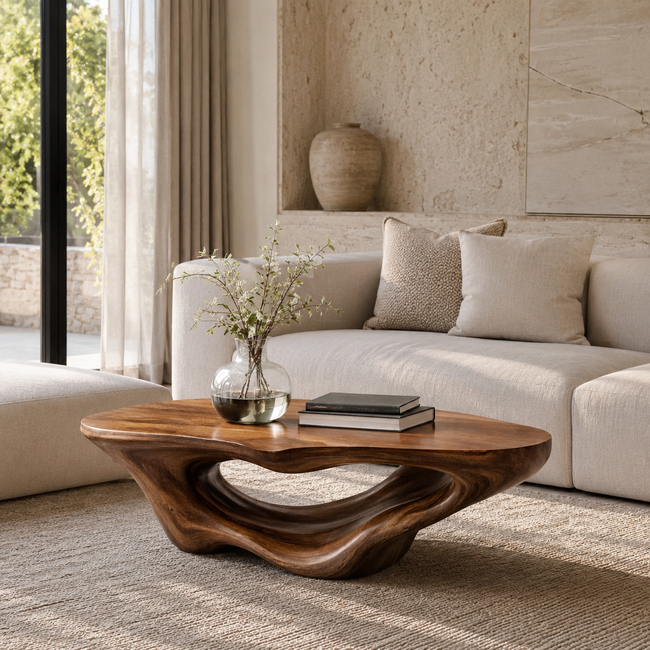 Handcrafted Solid Wood Coffee Table – Sculptural Organic Design Main Image